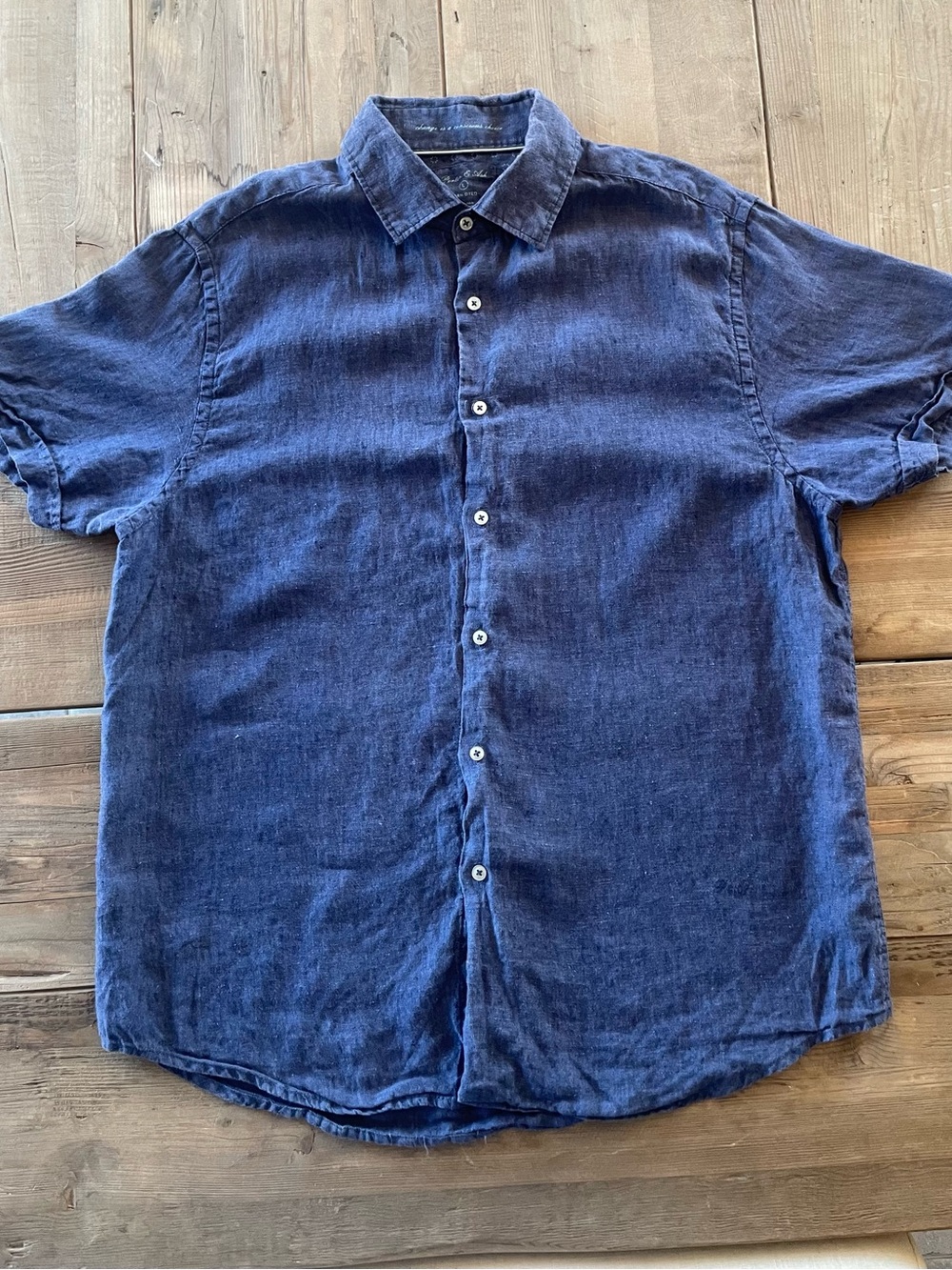 100% Linen Casual Short-Sleeve Button-Down Shirt in Blue